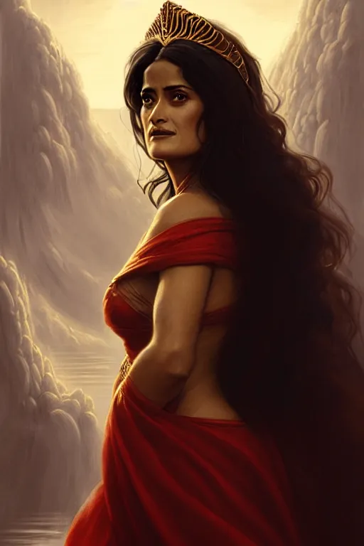 Image similar to salma hayek as a princess of eternal beauty and grace, face portrait, raphael lacoste, eddie mendoza, alex ross, concept art, matte painting, highly detailed, rule of thirds, dynamic lighting, cinematic, detailed, denoised, centerd