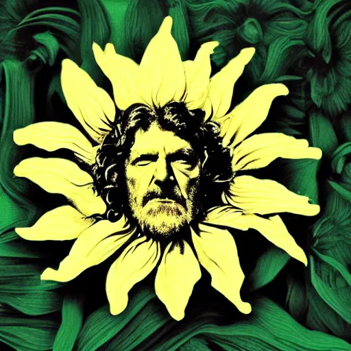 Prompt: a sun flower with them face of robert plant