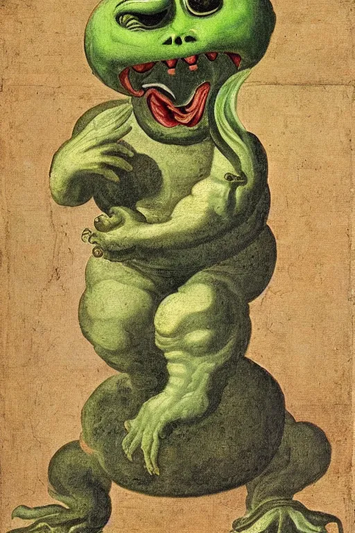 Prompt: A 17th Century painting of Slimer, full body portrait