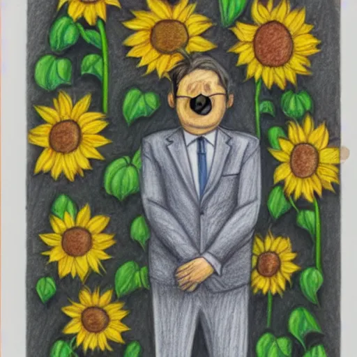 Image similar to full body shot of a man with a sunflower instead of a head wearing a business suit, color pencil sketch