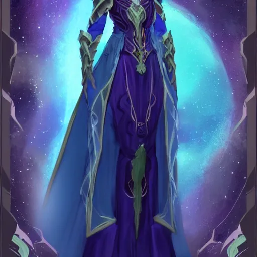 Image similar to character concept art of an astromancer wearing a beautiful cascading nebula gown