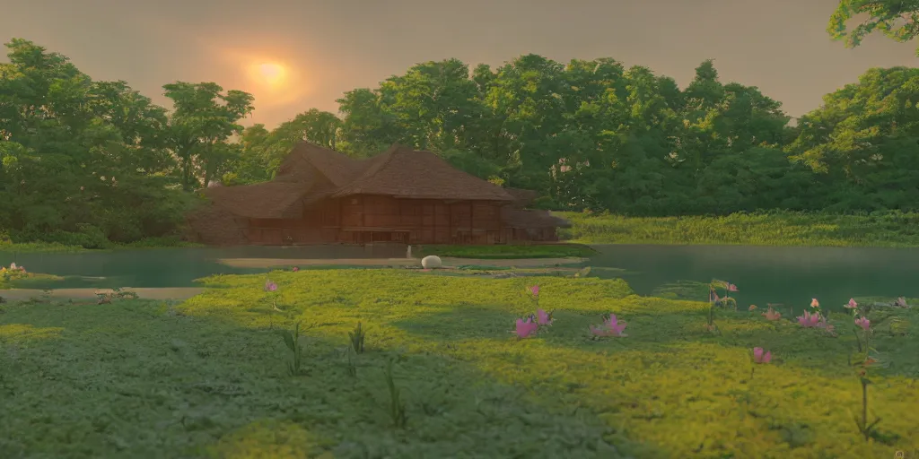 Image similar to a serene landscape with singular building near a lake with lotus at sunrise, pixar style, ghibli studio anime style, 8 k, hdr, octane render, unreal engine 5