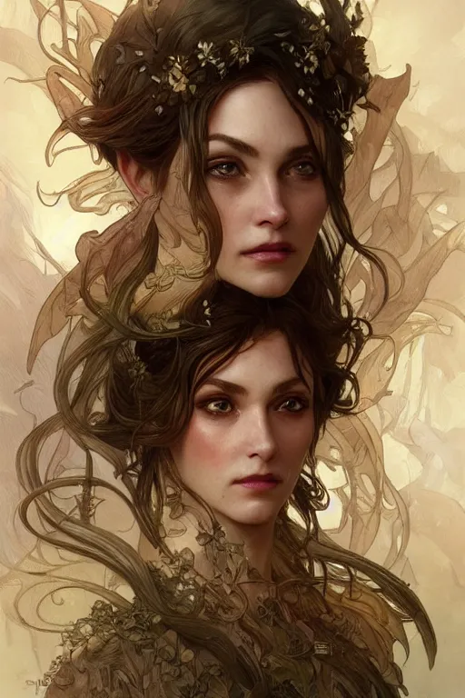 Image similar to up close portrait of a wood fae, d & d, face, fantasy, intricate, elegant, highly detailed, digital painting, artstation, concept art, smooth, sharp focus, illustration, art by artgerm and greg rutkowski and alphonse mucha