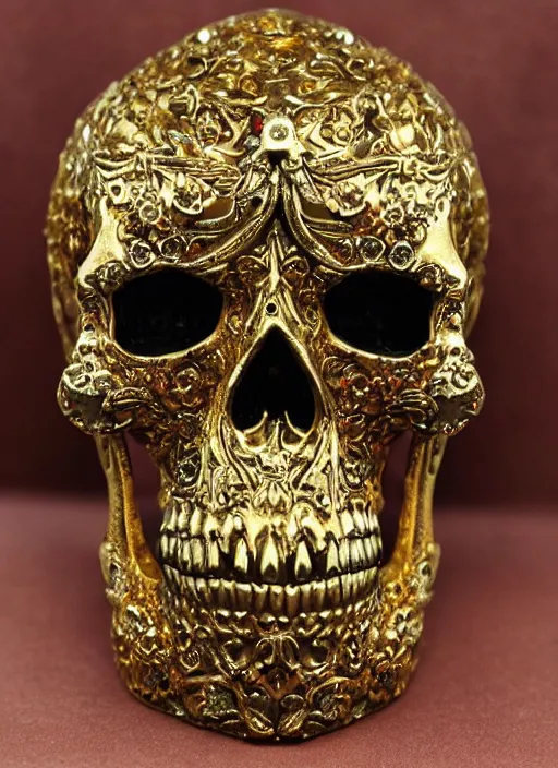 Prompt: ornate gothic gold skull realistic 3 d covered in jewels