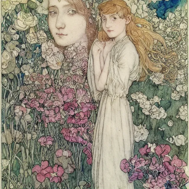 Image similar to a detailed, intricate watercolor and ink portrait illustration with fine lines of young 1 4 year old saoirse emma ronan watson looking over her shoulder, among flowers, by arthur rackham and edmund dulac and walter crane