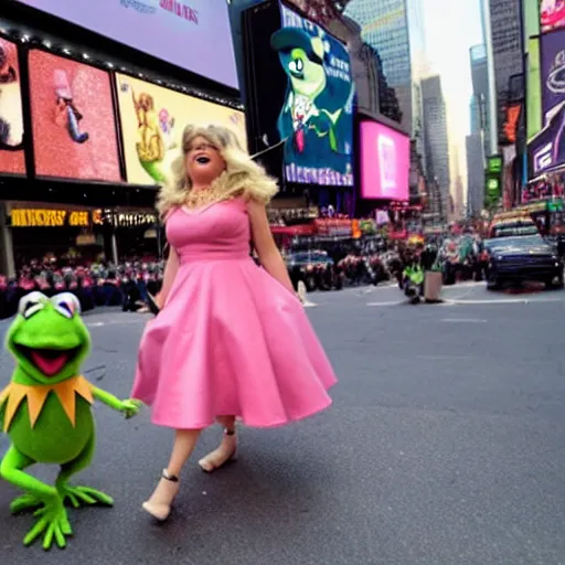 Prompt: kermit the frog and miss piggy walking down the street in times square