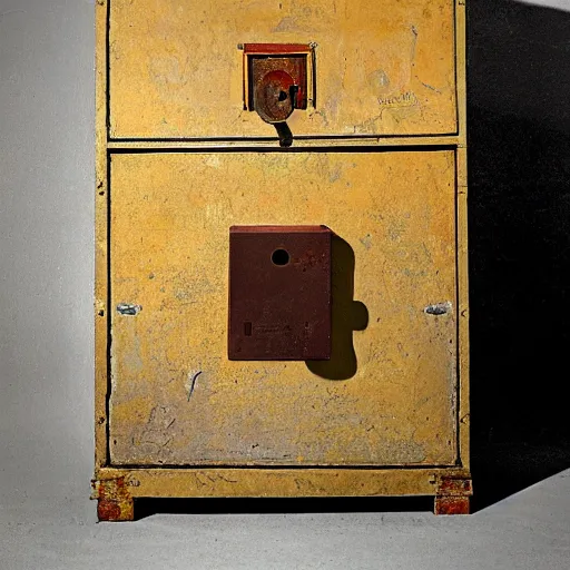 Image similar to A still life of a safe on the wooden ground, wood panels, metalic, (((rusty))), ((Edwin Foley))