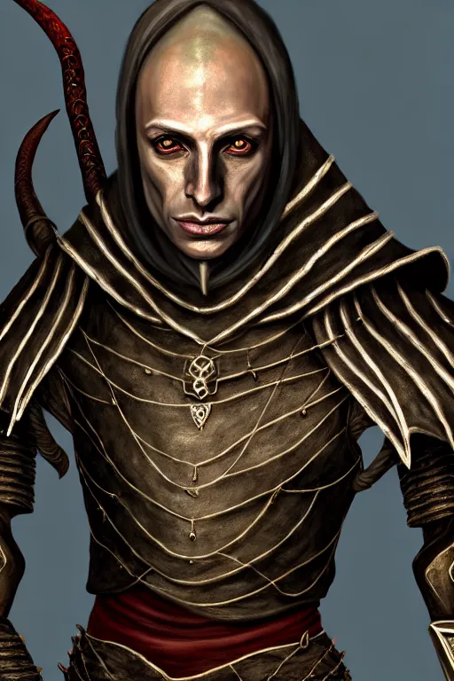 Image similar to hyperrealistic morrowind dunmer male nerevarine in front of a silk strider, 3 / 4 portrait, symmetrical face, handsome face, full body dnd character portrait, medieval armor, morrowind armor, oblivion armor, skyrim armor, eso armor, intricate, highly detailed, elegant, 4 k, artstation, deviantart