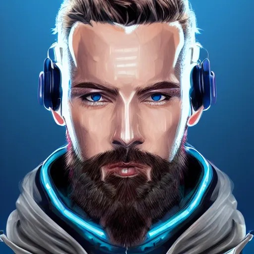 Image similar to a portrait of an ultradetailed male cyberpunk waring a hoodie, bearded, deep blue eyes, by ivan lopez, 8 k, digital painting