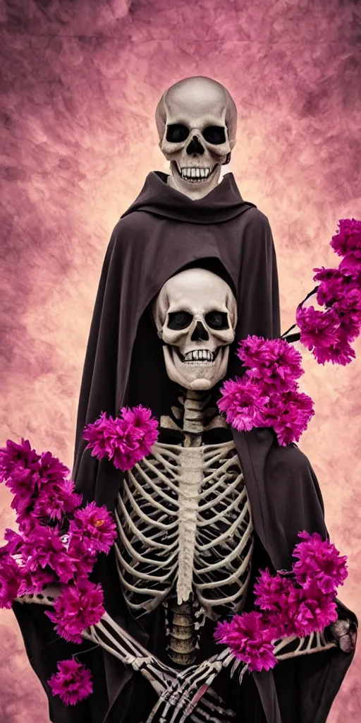 Image similar to cinematic shot epic portrait skeleton wearing a dark robe covered in flowers, hyper realistic, mood lighting, fantasy, detailed face, highly detailed, super realistic, perfect lighting