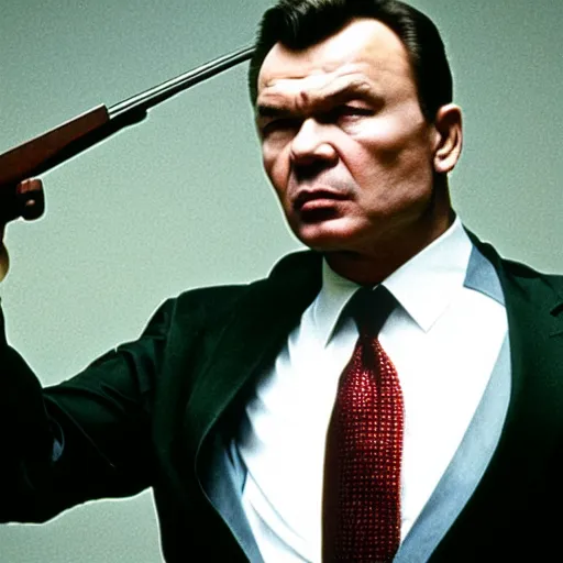 Prompt: Viktor Yanukovych holding a shotgun as the American Psycho, cinematic still