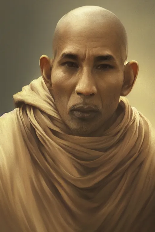 Image similar to hindu monk, close - up portrait, devoted, intricate, elegant, volumetric lighting, scenery, digital painting, highly detailed, artstation, sharp focus, illustration, concept art, ruan jia, steve mccurry