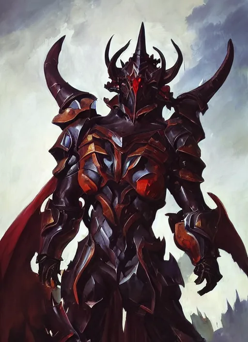 Prompt: Greg Manchess portrait painting of a demonic, devil armored character from league of legends, full shot, asymmetrical, profile picture, Organic Painting, sunny day, Matte Painting, bold shapes, hard edges, street art, cybernetic, metalic, robotic, trending on artstation, by Huang Guangjian and Gil Elvgren and Sachin Teng