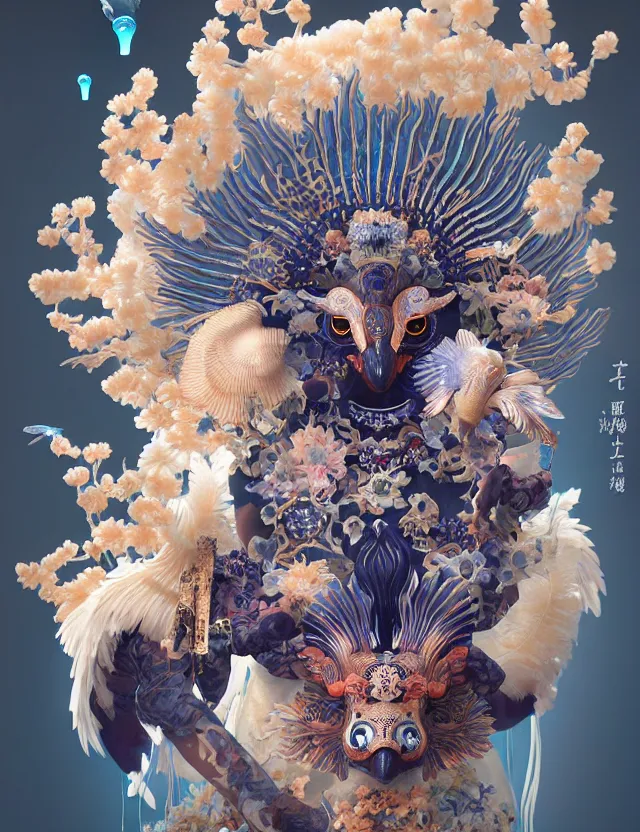 Image similar to 3 d goddess close - up frontal portrait with ram skull. beautiful intricately detailed japanese crow kitsune mask and clasical japanese kimono. betta fish, jellyfish phoenix, bio luminescent, plasma, ice, water, wind, creature, artwork by tooth wu and wlop and beeple and greg rutkowski