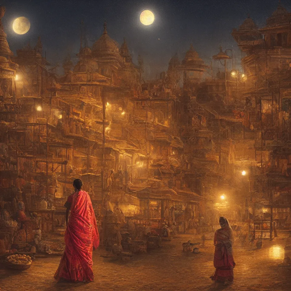 Image similar to young indian woman standing in a spice market at night by the ocean with the moon reflecting off the waves, masterful intricate artwork, high detail 8 k