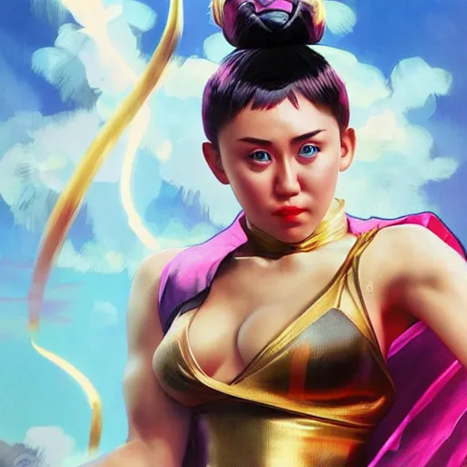 Image similar to miley cyrus as chun li from street fighter, portrait, 4 k, ultra realistic, detailed focused art by artgerm and greg rutkowski and alphonse mucha