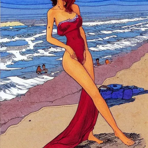 Image similar to a woman at the beach, milo manara style