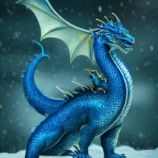 Prompt: HD, photo , realism , chubby female dragon , blue scales. playing in the snow