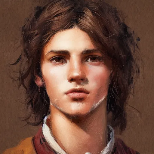 Image similar to colorful detailed portrait of a young shepherd with soft hair, brown hair, Greg Rutkowski