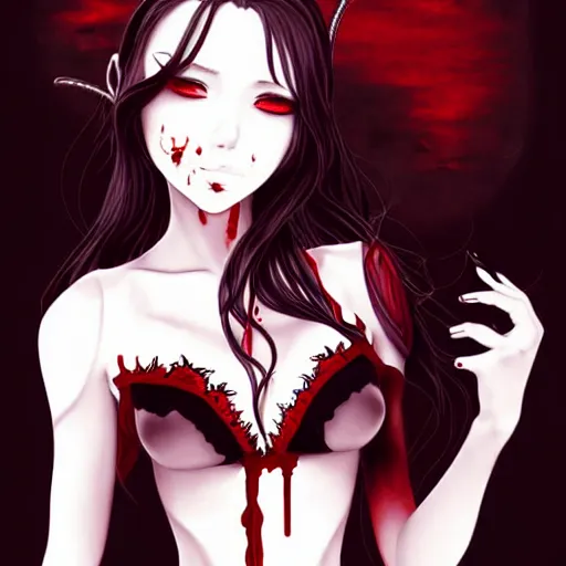 Prompt: beautiful seductive female vampire, draining blood from wrist, highly detailed, painting, dark red and black color palette, intricate, high quality, anime artstyle, in the style of sana takeda