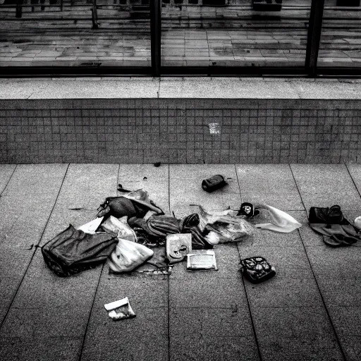 Image similar to Shot from below, of a ransacked empty luggage left on the ground, in a town filled with pale yellow mist. Dystopian. End of the world. Depth of field. Film grain. Award-winning photo. Sigma 40mm f/1.4 DG HSM