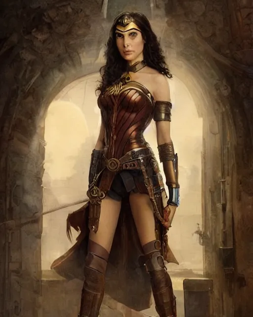 Image similar to highly detailed steampunk gal gadot standing : leonardo da vinci, greg rutkowski, magali villeneuve