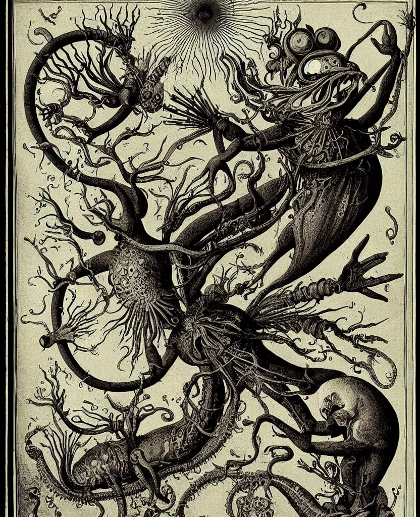 Image similar to whimsical freaky creature sings a unique canto about'as above so below'being ignited by the spirit of haeckel and robert fludd, breakthrough is iminent, glory be to the magic within