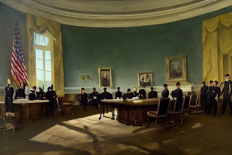 Image similar to a grand portrait of a tall terrifying alien president in the white house oval office. majestic room. he is surrounded by advisors. in the style of american impressionist painting. in the style of 1 8 0 0 s romanticism painting. in the victorian era. fantastic composition. dramatic lighting.