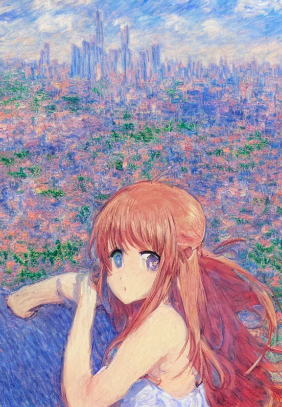 Image similar to wide angle portrait of a teenage girl, a thrifty outfit, very anime in impressionist style, city background, anime trending artwork, anime painter studio, by claude monet