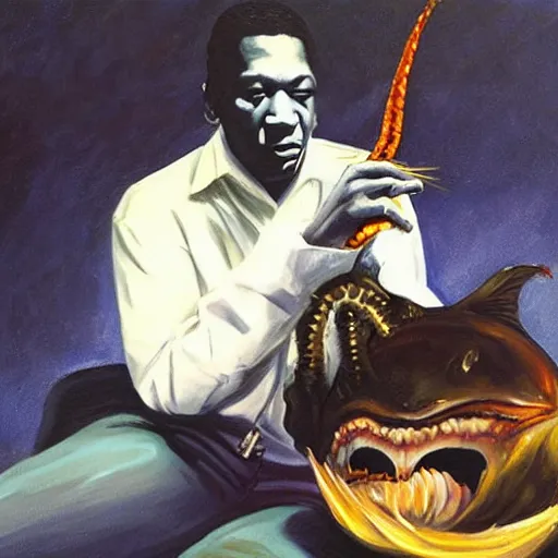 Image similar to john coltrane snuggling a scary loving angler fish in bed