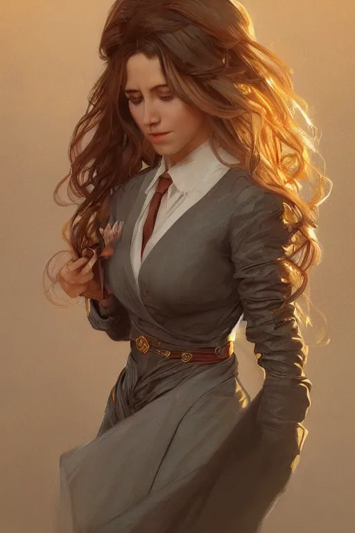 Image similar to a girl wearing a golden dress, grey hair, red necktie, cinematic, stunning, highly detailed, digital painting, artstation, smooth, hard focus, full body shot, illustration, art by artgerm and greg rutkowski and alphonse mucha