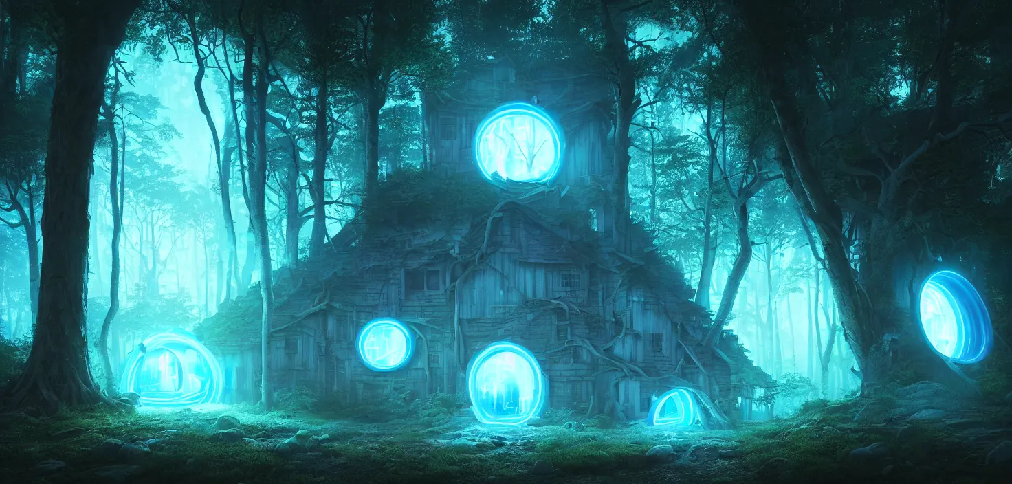 Image similar to random scary forest house landscape, round glowing blue neon portal door, incredible, vector art, octane render, fabulous, hyper detailed, random cinematic view, no noise, global illumination, warm lighting, volumetric, godrays, vivid, beautiful, by jordan grimmer