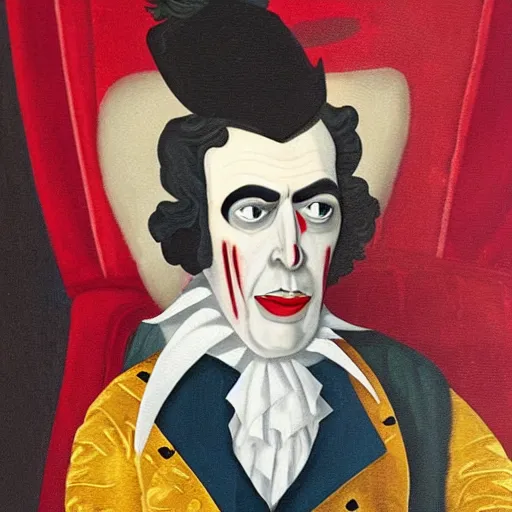 Image similar to a vampire sitting on a throne in his castle during the american revolution. he is surrounded by fine art and is wearing a bright clown emoji mask. finely detailed oil painting by john and ai