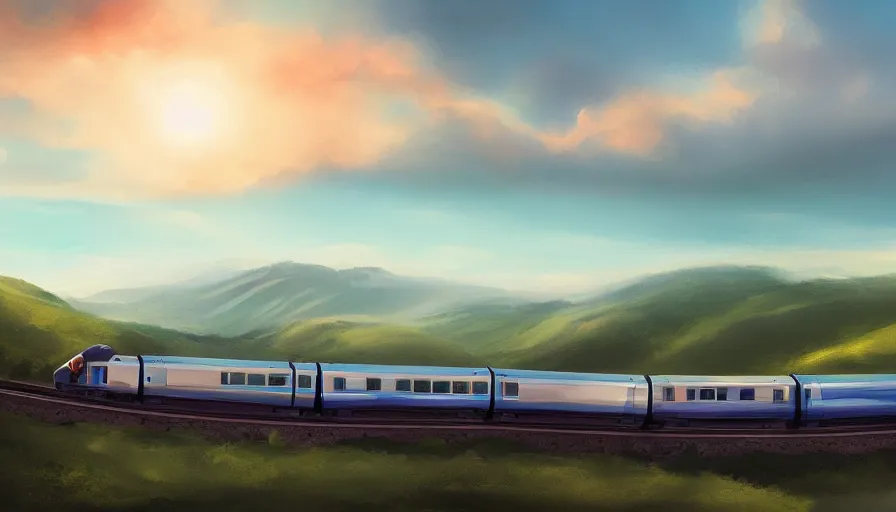 Image similar to aerodynamic train driving through valley, green hills, matte painting, artstation, sunrise, blue sky