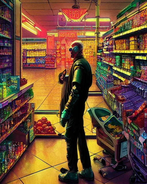 Image similar to cyberpunk man shopping at a neon soaked grocery store, science fiction painting, elegant intricate digital painting artstation, art by norman rockwell, detailed