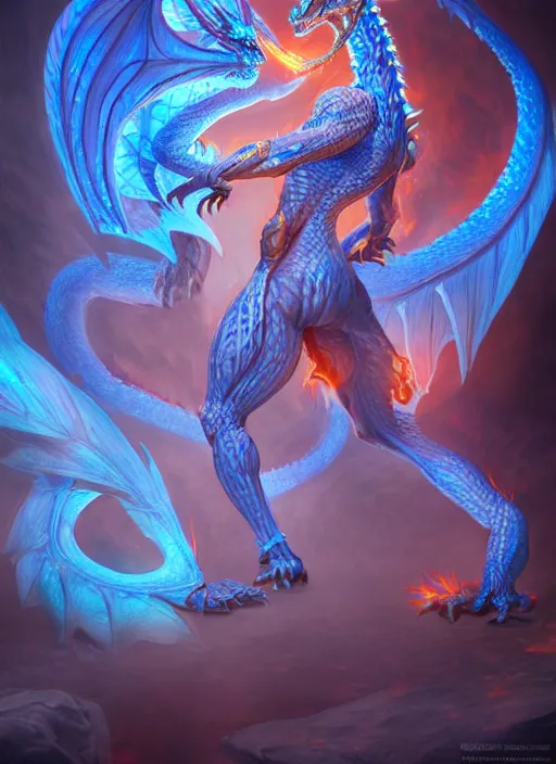 Image similar to muscular and tall blue ghostly fire humanoid dragon!!!! draconian!! intricate ornate iridescent exoesqueleton!! character concept art, sharp focus, octane render! unreal engine 5! highly rendered!! trending on artstation!! detailed linework!! illustration by artgerm, wlop, and chie yoshii