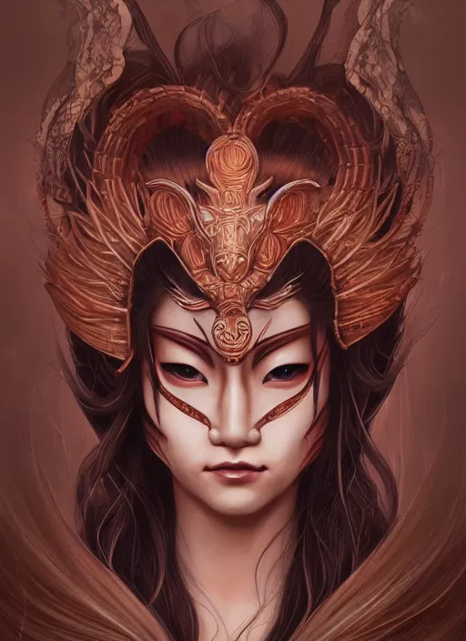 Image similar to a beautiful detailed oil on copper art illustration of a japanese kitsune mask woman, centered, by charlie bowater, zeng fanzh, trending on artstation, dim dusk lighting, cinematic lighting, detailed lighting, volumetric lighting, realistic, f 8, 4 k hd wallpaper