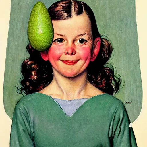 Image similar to Front portrait of Super-avocado-girl! A painting by Norman Rockwell.