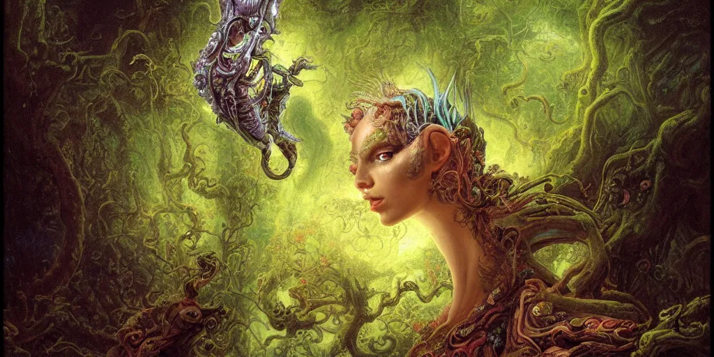 Prompt: a close - up rococo portrait of an iridescent alien elf - like creature with futuristic features standing in water, moss, and swamp. night time. rich colors, high contrast. gloomy, highly detailed 1 8 th century sci - fi fantasy masterpiece painting by jean - honore fragonard, moebius, and johfra bosschart. artstation