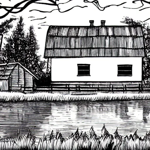 Prompt: black and white comic of a farmhouse beside a lagoon