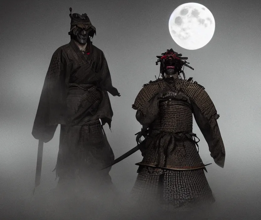Image similar to 'a samurai! haunted by souls and ghosts with a big full moon on background , gloomy and foggy atmosphere, octane render, artstation trending, horror scene, highly detailded'