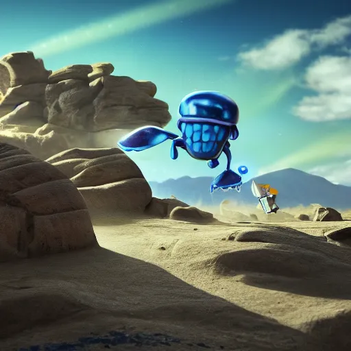 Prompt: A rocky desert scene with a little blue alien boy being chased by a little chrome flying machine, 4K UHD, wallpaper, trending on artstation and behance and pixiv