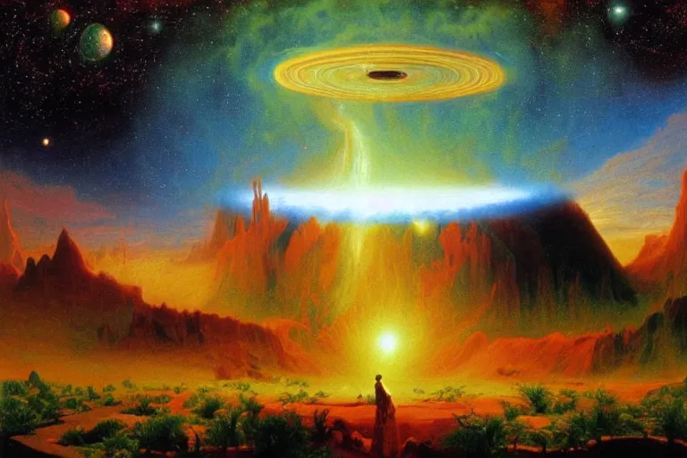 Image similar to protozoic cosmic reversal big bang landscape in the style of dr. seuss, 2 0 0 1 a space odyssey, painting by albert bierstadt