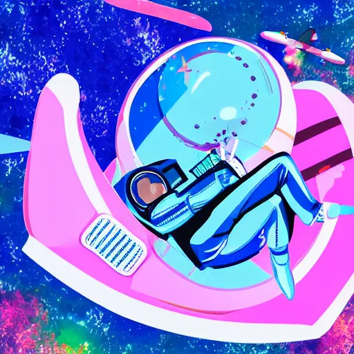 Prompt: An astronaut lounging on a floaty in a vaporwave swimming pool. 8k digital art. art deco.
