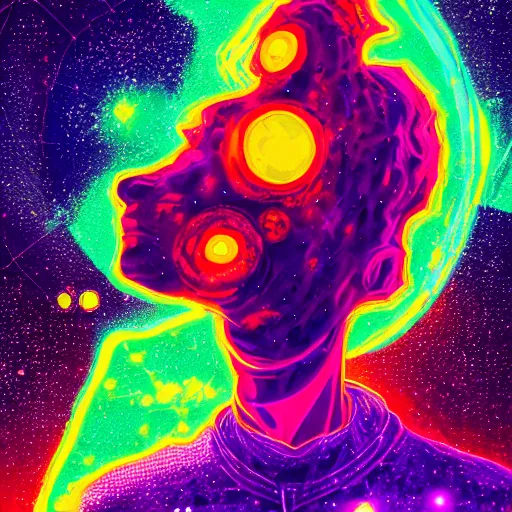 Prompt: a lonely man with glowing head sitting on an asteroid in space, glow, acrylic art, painting, canvas, vibrant, digital art, glitchcore, synthwave,