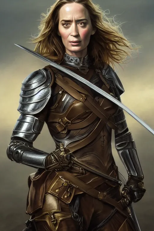 Image similar to full - body portrait of emily blunt as a ranger, metal breastplate, magical, high fantasy, d & d, by john collier, face details, extremely detailed, digital illustration