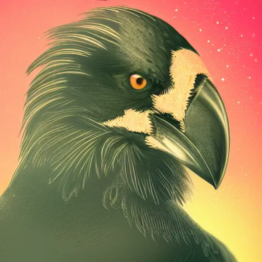 Image similar to portrait from a crow, feathers, bird, avian, wings, synthwave, universe background, nebula, galaxy, artstation