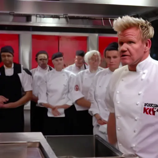 Image similar to gordon ramsay yelling at kfc employees in the kfc kitchen on kitchen nightmares. the employees are lined up and in their kfc uniforms. 4 k broadcast