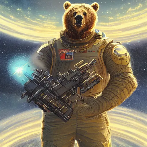 Image similar to detailed science - fiction character portrait of a grizzly bear shooting a machine gun in space, intricate, wild, highly detailed, digital painting, artstation, concept art, smooth, sharp focus, illustration, art by artgerm and greg rutkowski and alphonse mucha