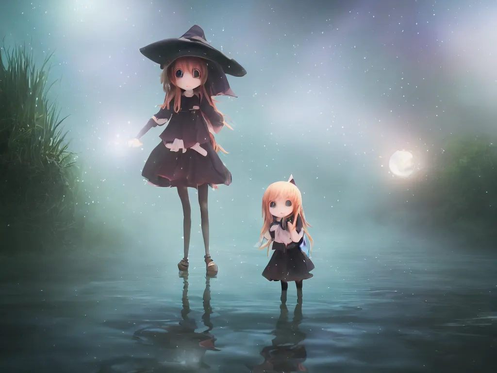 Image similar to cute fumo plush girl witch standing in reflective murky river water, volumetric fog and smoke, light shafts shining through the dusky light, moonglow, lens flare, chibi anime, vray